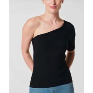 Spanx Women's Ribbed One Shoulder Short Sleeve Top Black S M L XL NWT 98